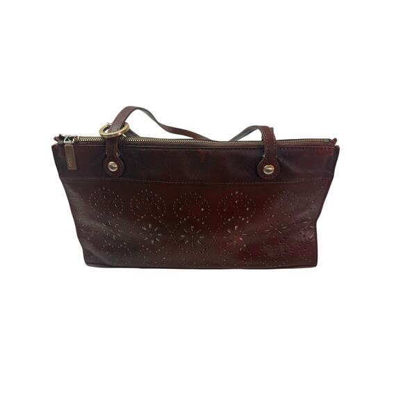 HOBO International Brown Leather Shoulder Bag Floral Perforated Zip Top Purse - Picture 2 of 12